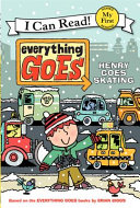 Henry, a young white boy, stands in the snow holding ice skates and presenting one arm toward the street behind that's full of vehicles