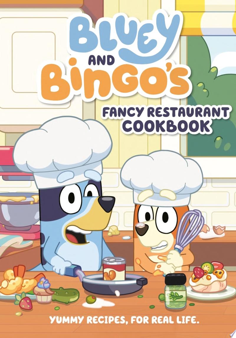 Cartoon characters Bluey and Bingo pose in chef hats in their home kitchen