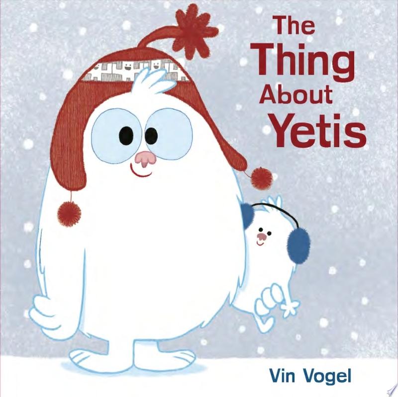 Egg-shaped Yeti stands in the snow wearing a winter hat and looks straight ahead with a slight smile while holding what appears to be a much smaller yeti with earmuffs