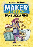 White, teenage female comic character with pink hair slings cookie dough as happy anthropomorphic cookies seem to fly out of the oven