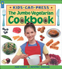 An eleven year-old girl wearing an apron and holding a bowl is surrounded by images of vegetables, fruits, and plated vegetarian dishes