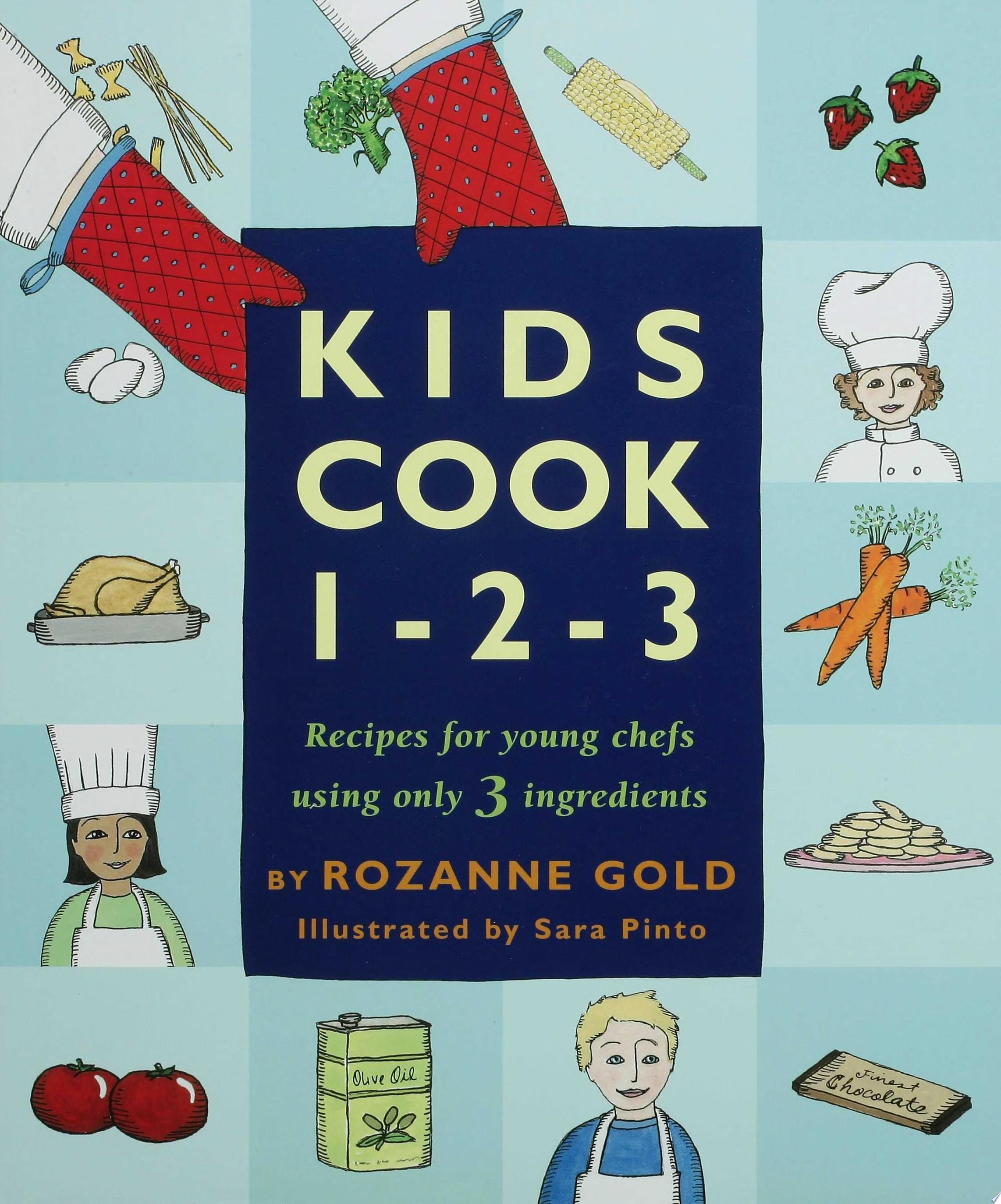 Title is centered with illustrations of foods and young chefs around the border