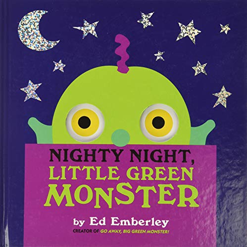 title and author with illustration of moon, stars and little green monster