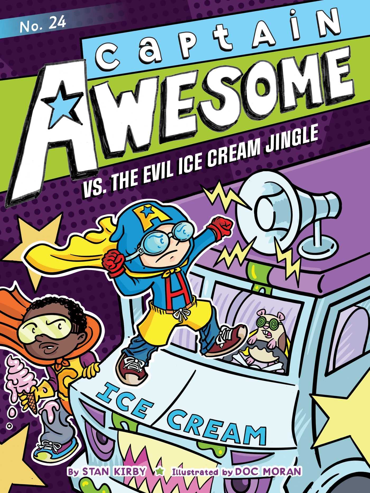 title and illustration of an ice cream truck and super hero