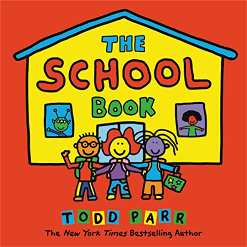 title and author with colorful illustration of kids standing in front of a school