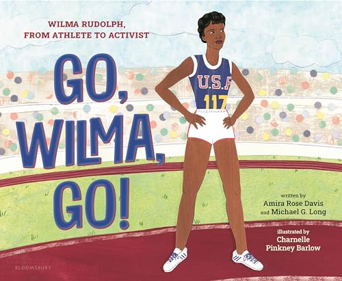 title and author with illustration of Wilma Rudolph standing on a running track