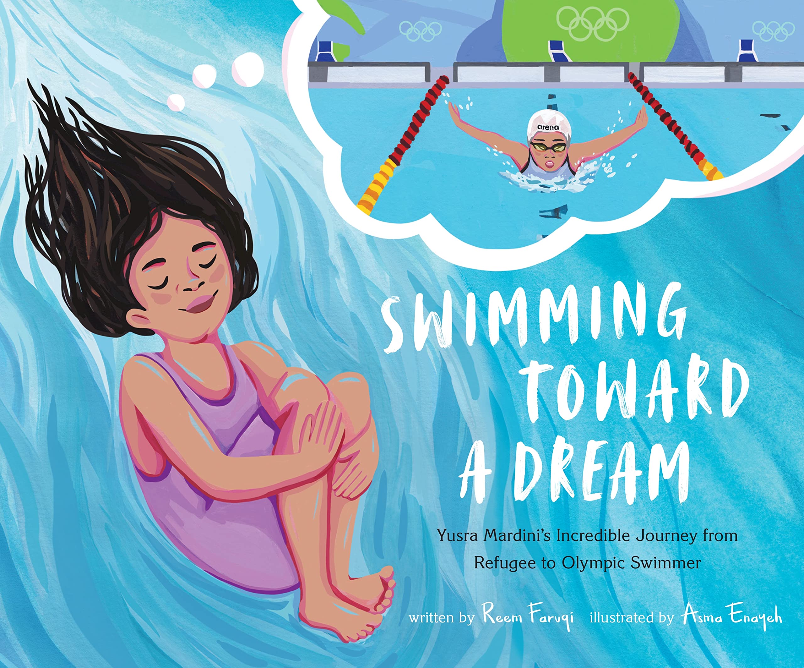 Cover with title and author and illustration of girl dreaming of swimming
