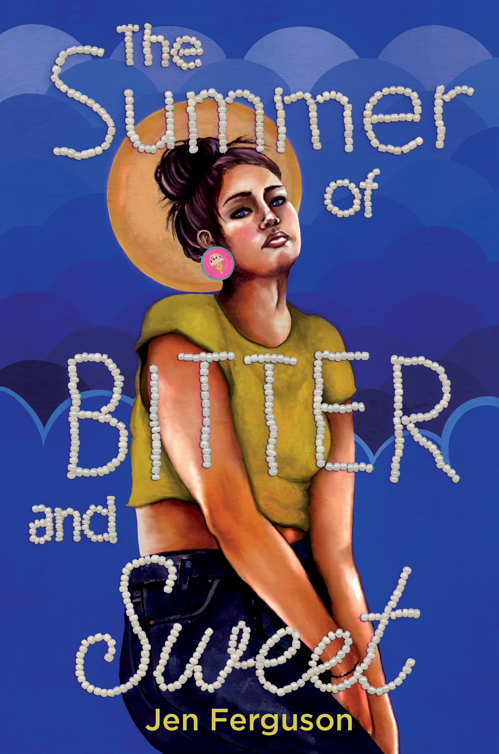 painting of woman in green shirt and jeans with a blue background cover of book The Summer of Bitter and Sweet