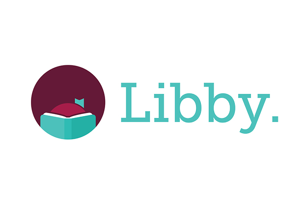 illustration of a head behind a book in a circle with the word libby on the right