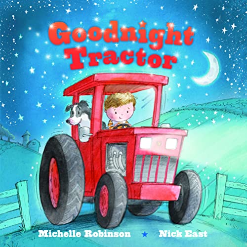 cover with title and author and illustration of a tractor on a farm at night