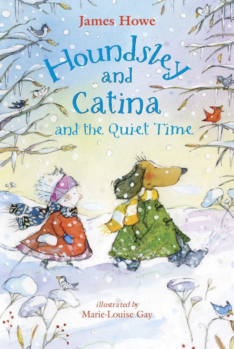 Cat Catina and dog Houndsley wear winter clothes and walk in a line through the heavy snow surrounding by many types of birds sitting on the icy tree branches