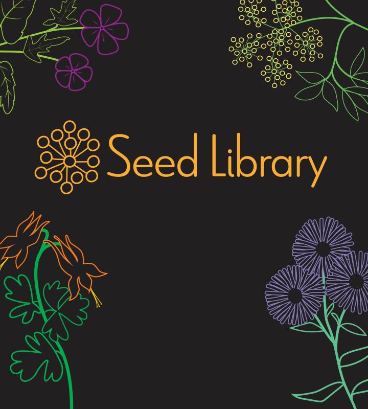  outlines of different flowers on a black background with the words seed library in the center