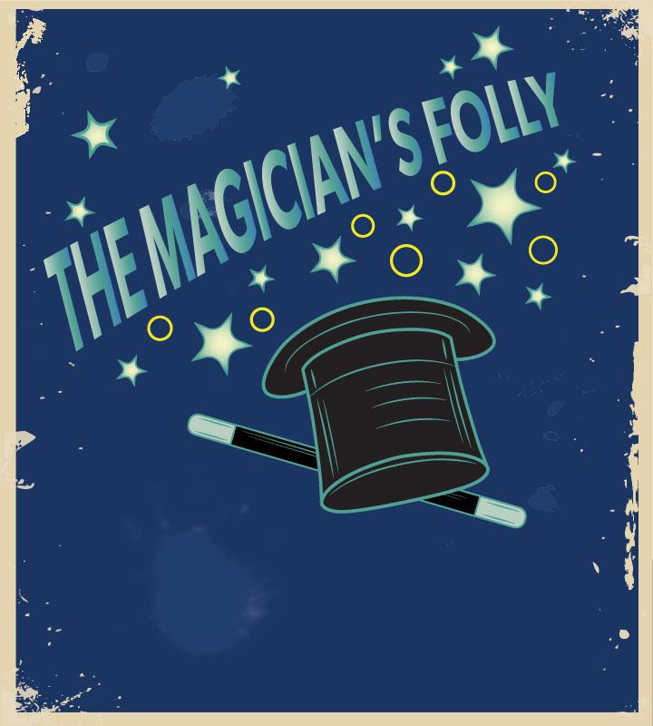 top hat and magic stick on a blue background with stars and circles